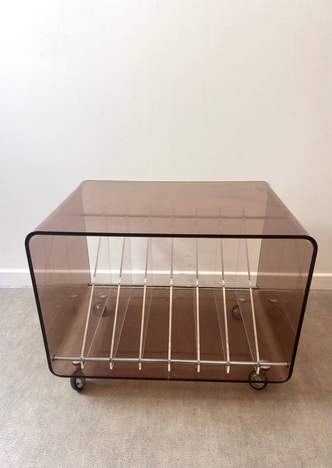 Hi-fi furniture in smoked Plexiglas by Michel Dumas for Roche Bobois.