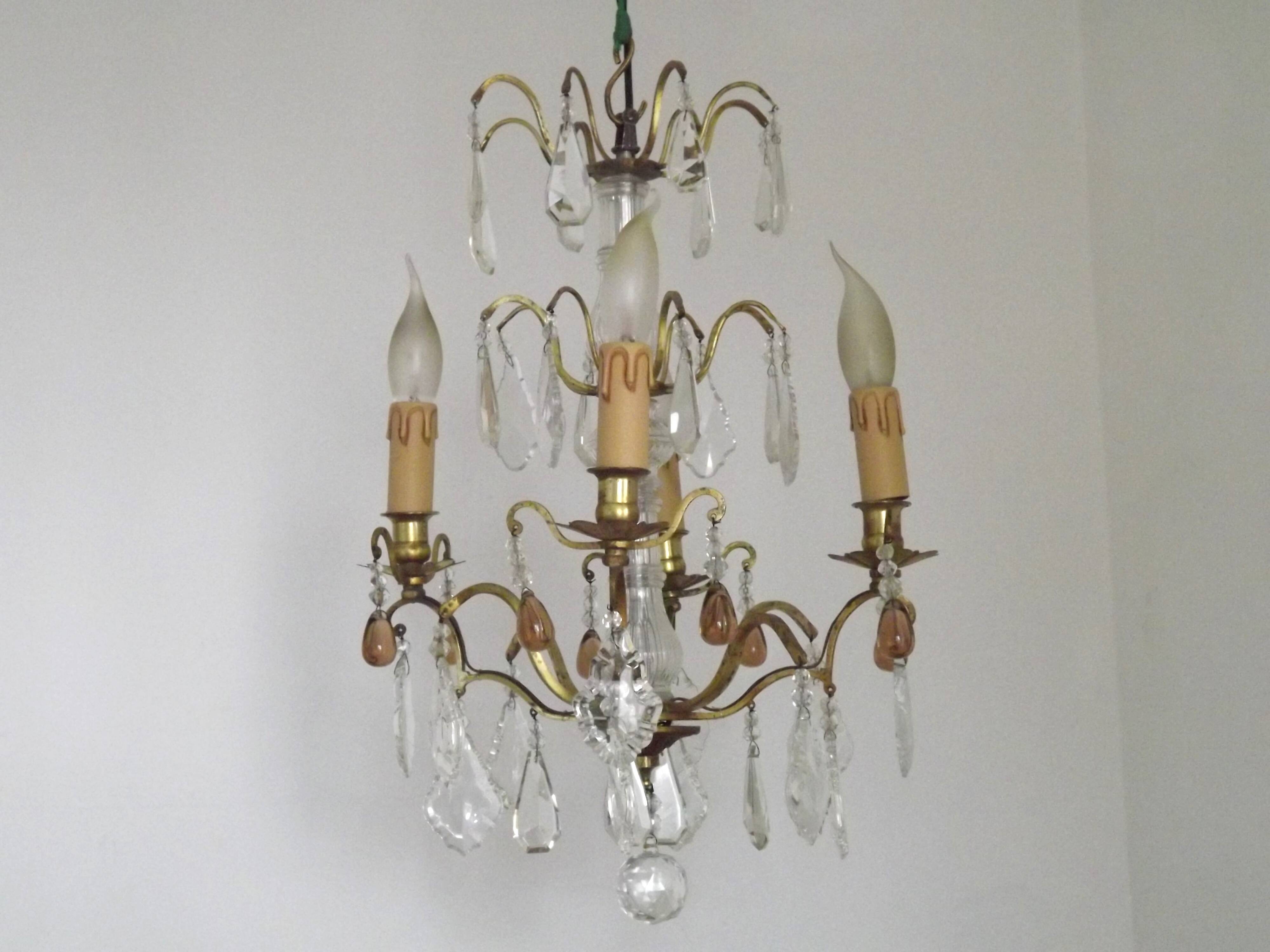 French vintage brass glass crystal 4 light chandelier with Murano droplets 4991