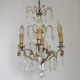 French vintage brass glass crystal 4 light chandelier with Murano droplets 4991