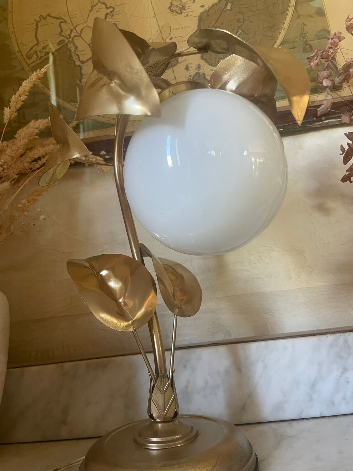 70s gold metal and opaline lamp