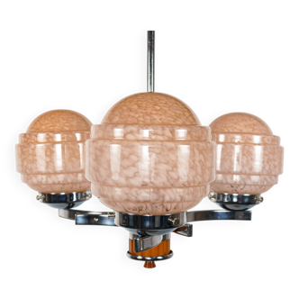 1930s Art Deco Bakelite/Catalin, Chrome & Pink Glass Chandelier Lamp