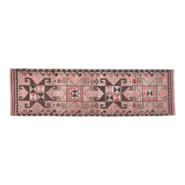 Vintage Turkish Oushak Handmade Wool Pink Brown Runner Rug 87x320