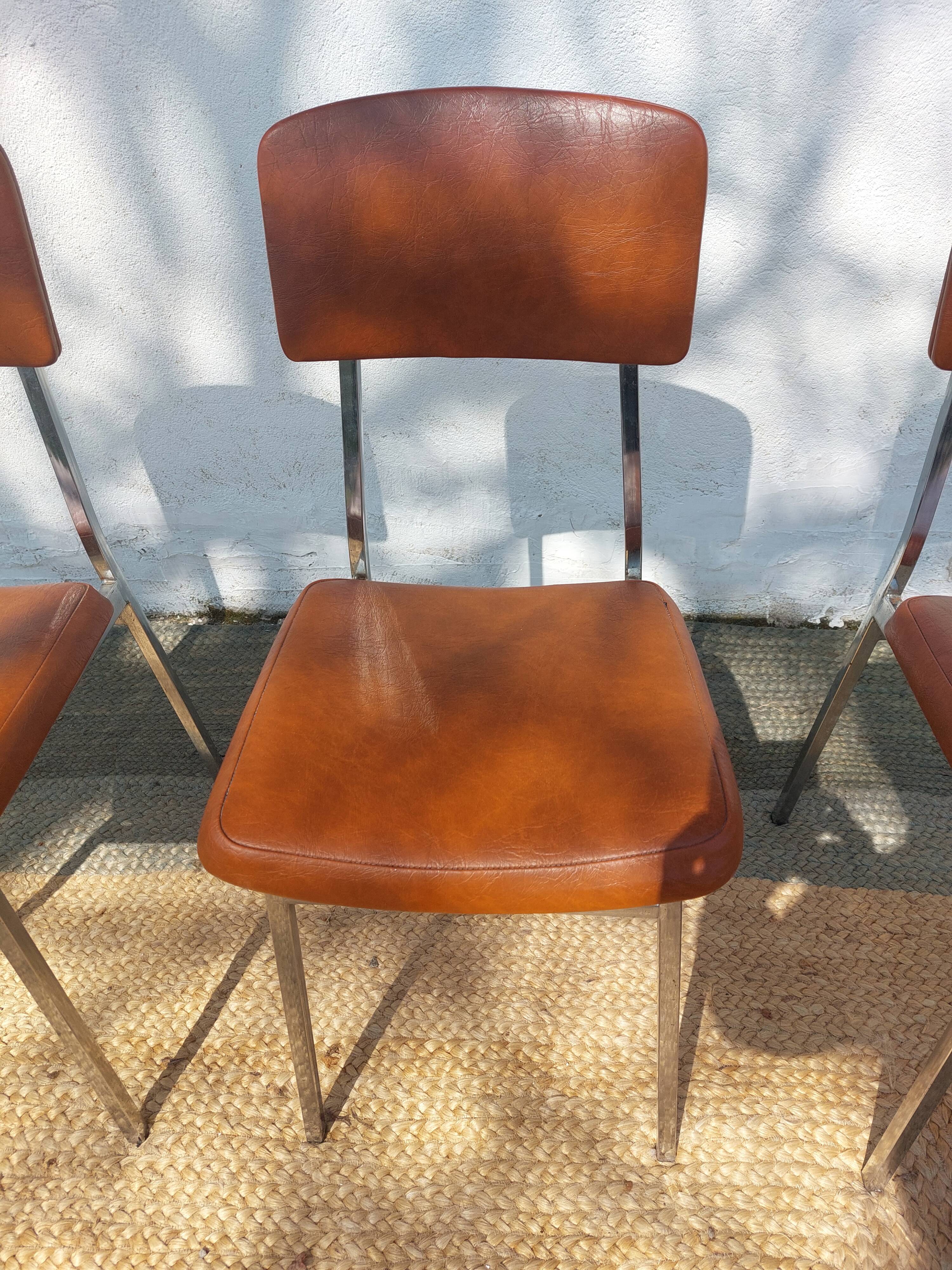 3 stainless steel tube chairs and faux leather, vintage
