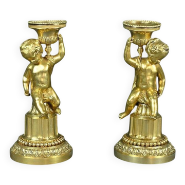 Pair of Gilt Bronze Candlesticks, Louis XVI Style – Mid 19th Century