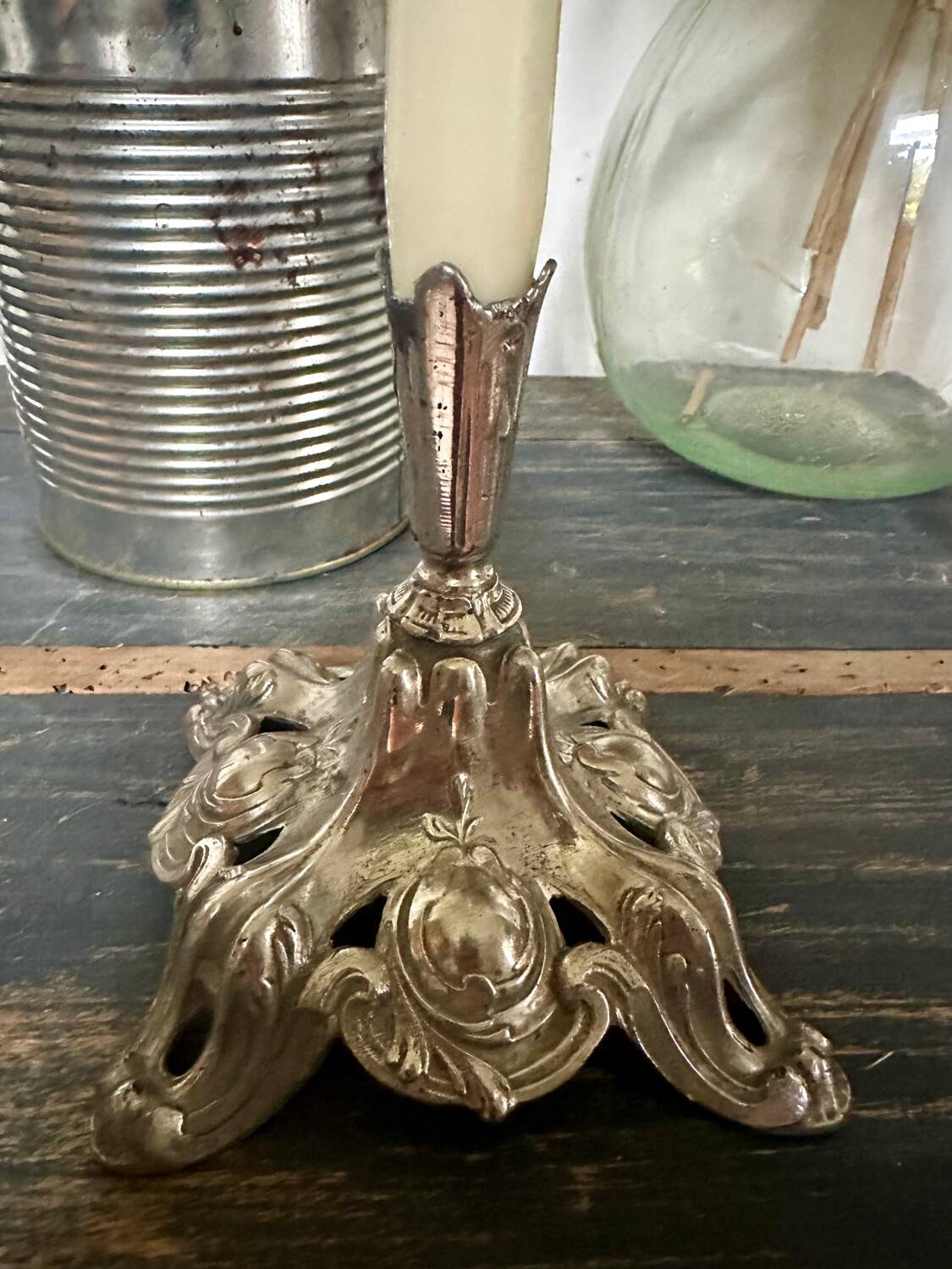 Silver metal candle holder
