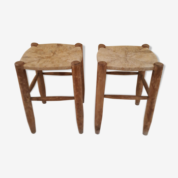 Pair of stools savoyards"wood and straw 1960