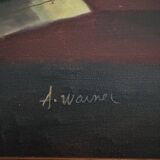 Oil on canvas still life with violin 20th century by A. Warner