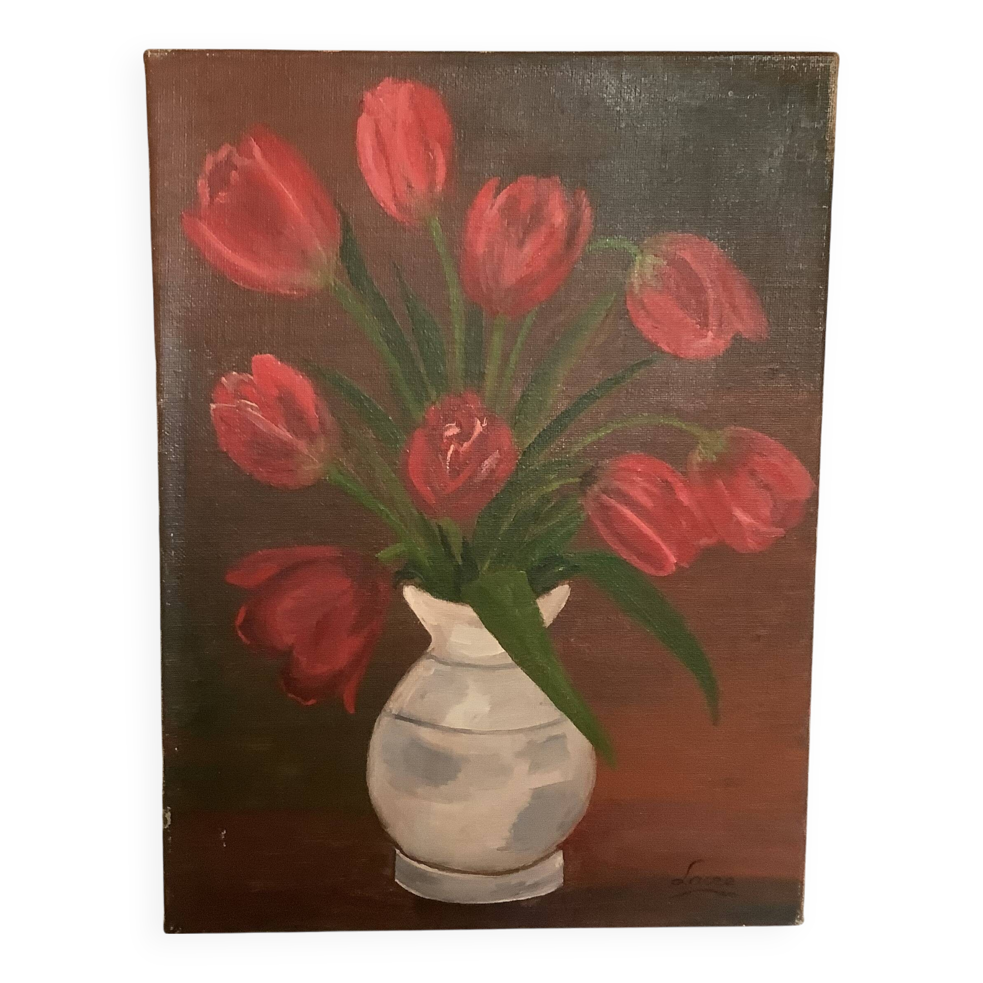 Painting bouquet of tulips oil on canvas signed