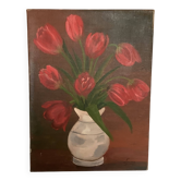 Tableau bouquet de tulipes, huile sur toile signée