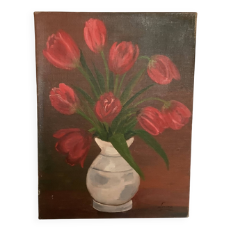 Painting bouquet of tulips oil on canvas signed