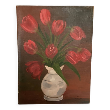 Painting bouquet of tulips oil on canvas signed