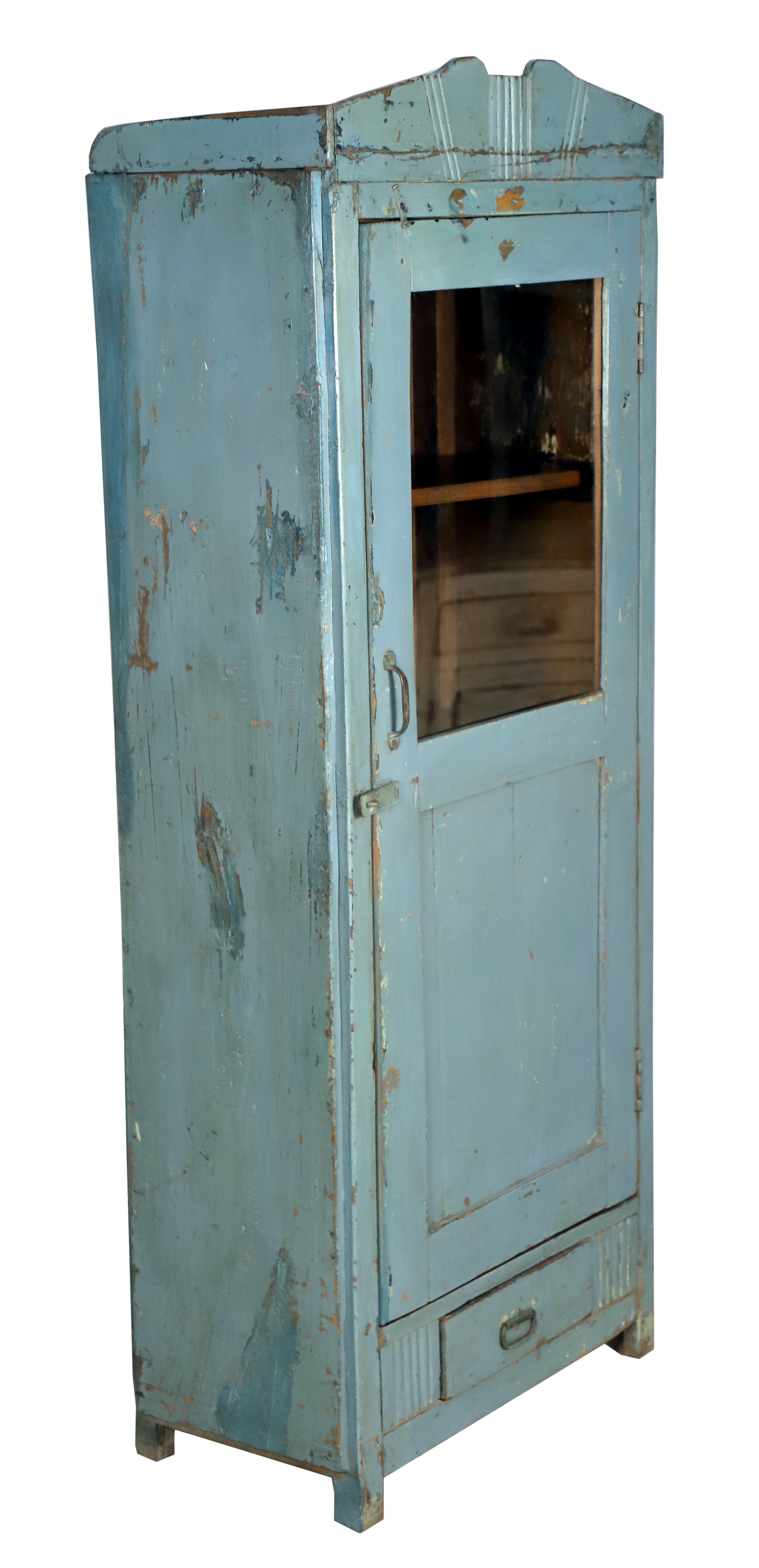 Burmese teak glass cabinet with original blue-gray patina