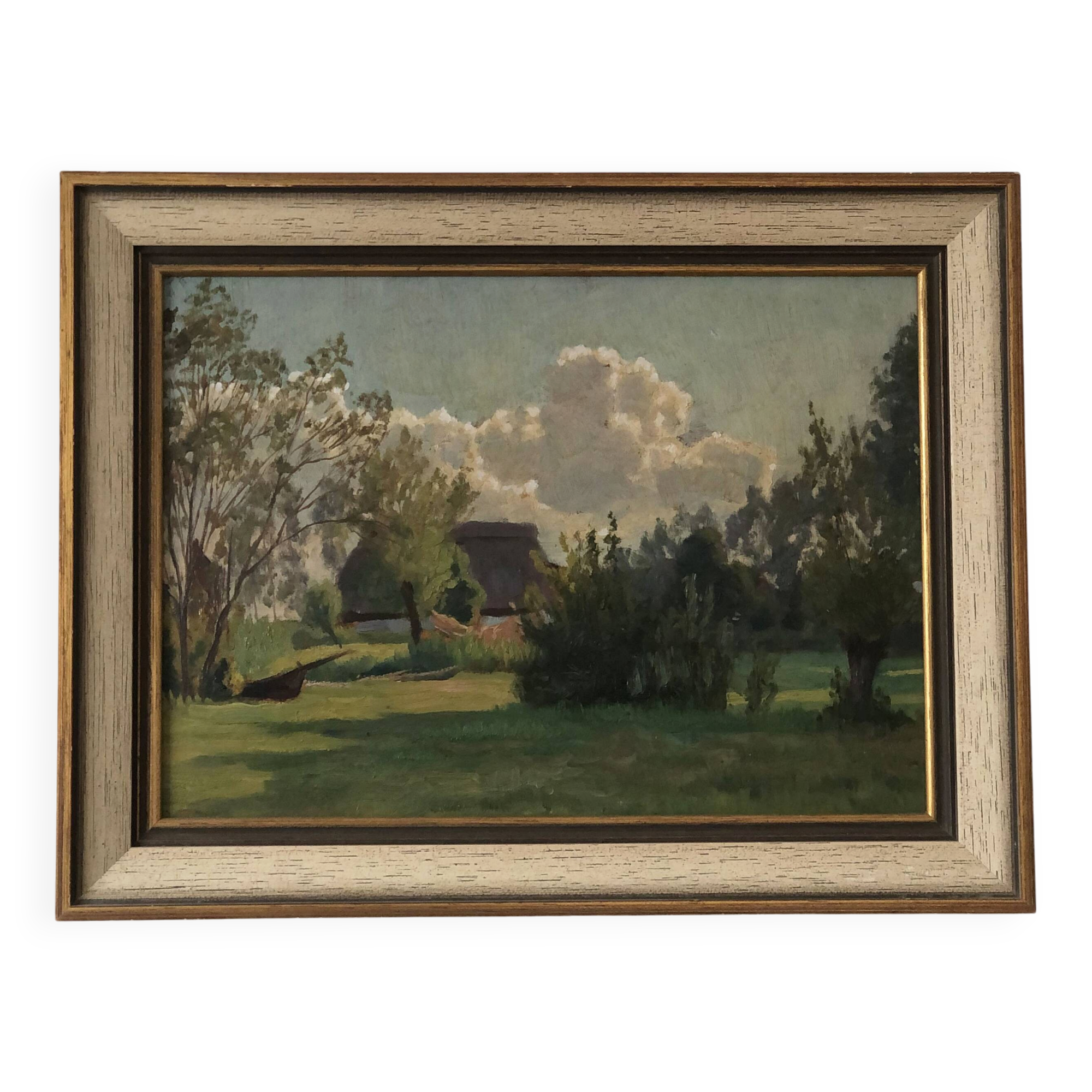 Vintage Original Landscape Oil Painting: Framed Countryside Cottage Art