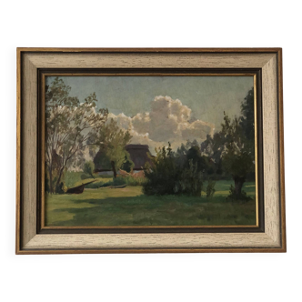 Vintage Original Landscape Oil Painting: Framed Countryside Cottage Art