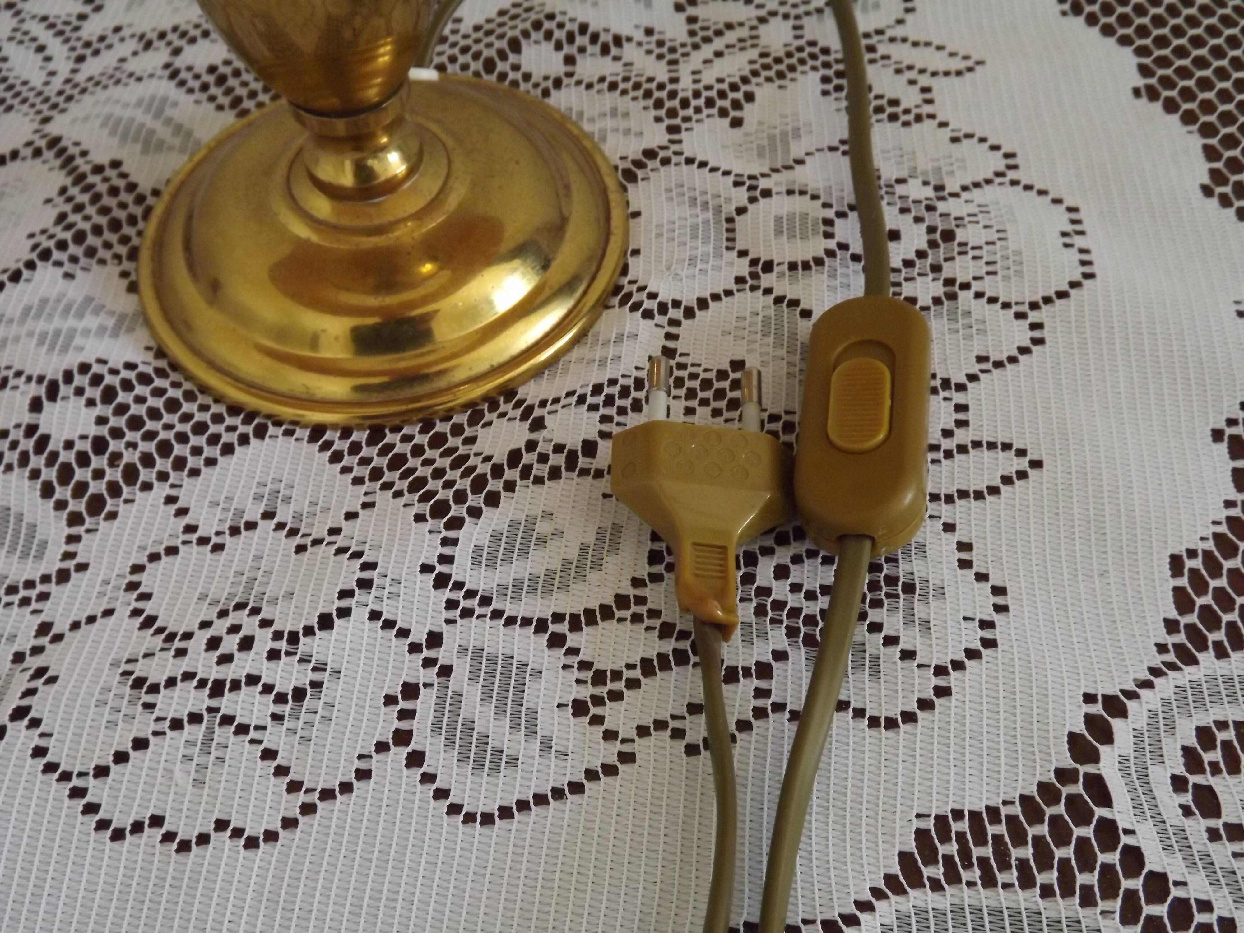 Vintage French Round Brass Table Lamp With Beige and Gold Shade