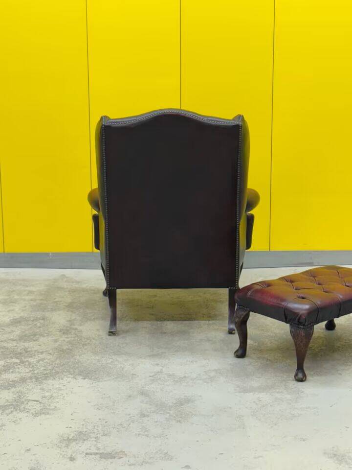 Burgundy leather chesterfield wing chair with Ottoman