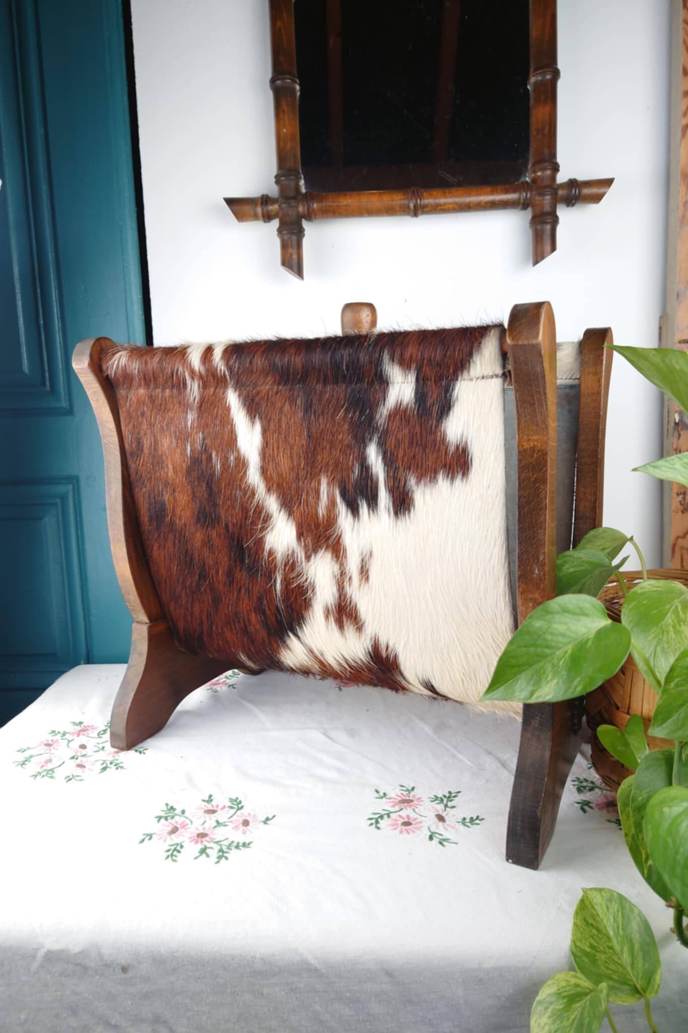 Vintage magazine rack wood and natural leather 37x39.5x26 cm 1.76 kg