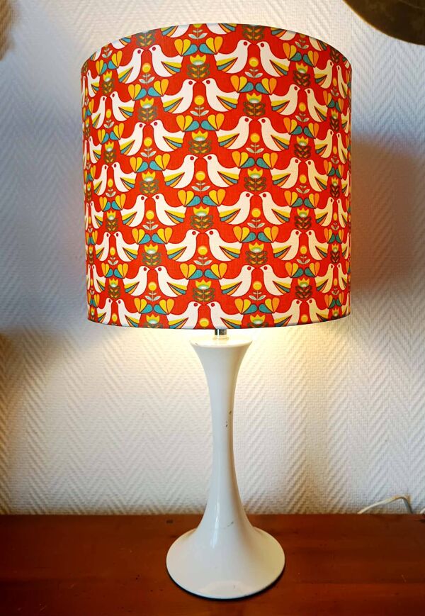 Lampe tulipe, abat-jour oiseaux orange, 1970