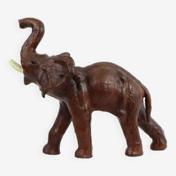 Vintage Elephant with Tusks Paper Mache Brown Leather Statue Sculpture