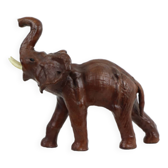 Vintage Elephant with Tusks Paper Mache Brown Leather Statue Sculpture