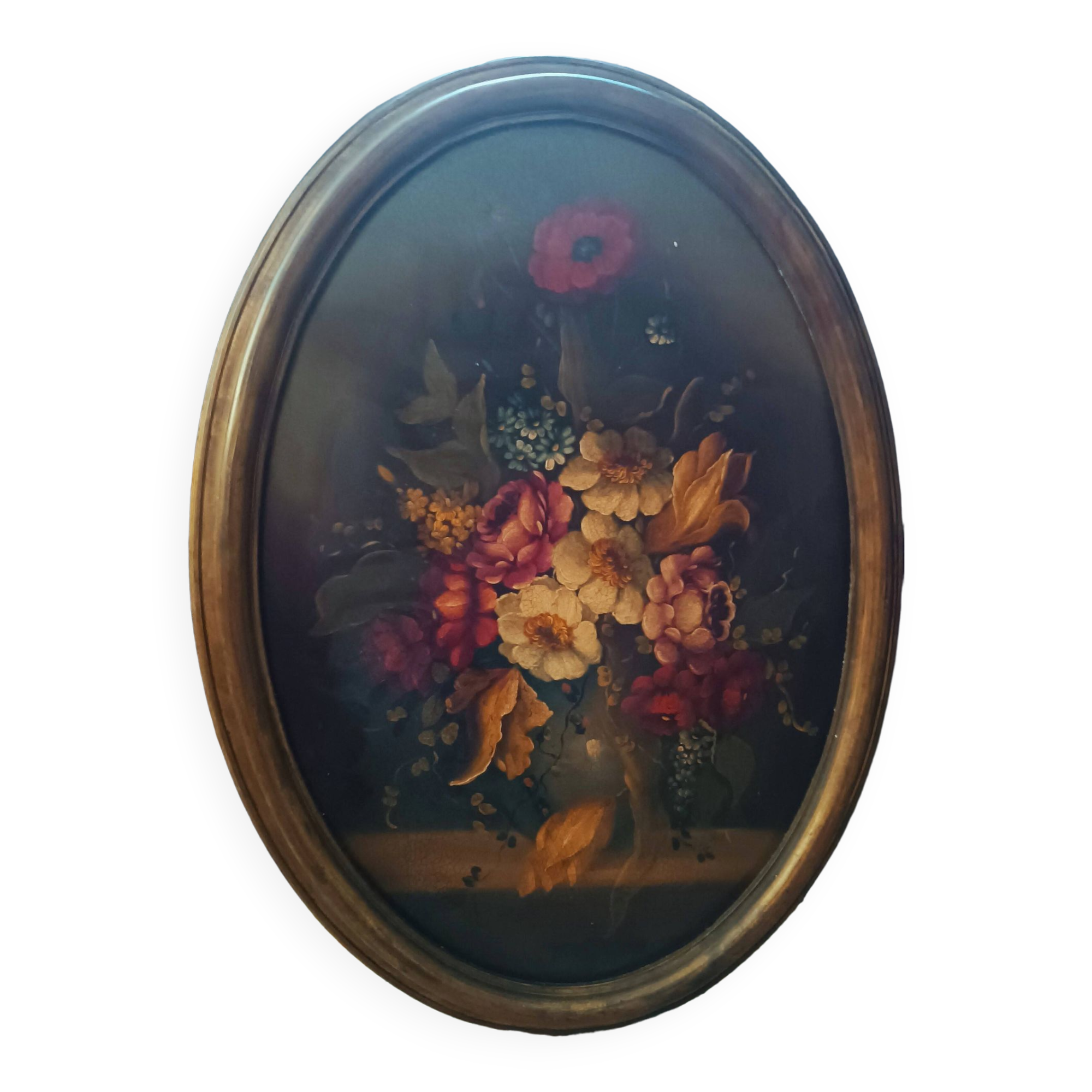 Peinture huile sur panneau ovale fleurs