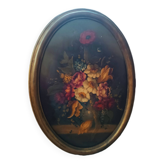 Peinture huile sur panneau ovale fleurs