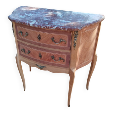 Antique commode with marquetry in the Louis XVI style and marble top.