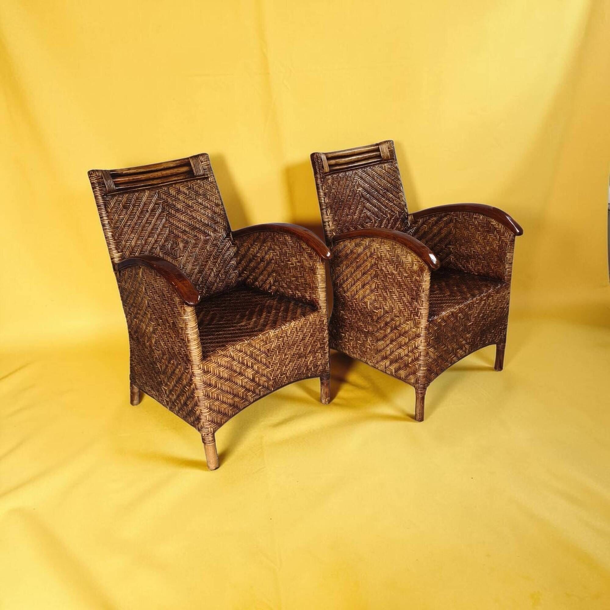 Pair of woven rattan and varnished wood armchairs - Vintage
