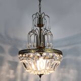 Chandelier, crown ceiling light in brass, 3 levels, 1 light, water drop pendants. 70s