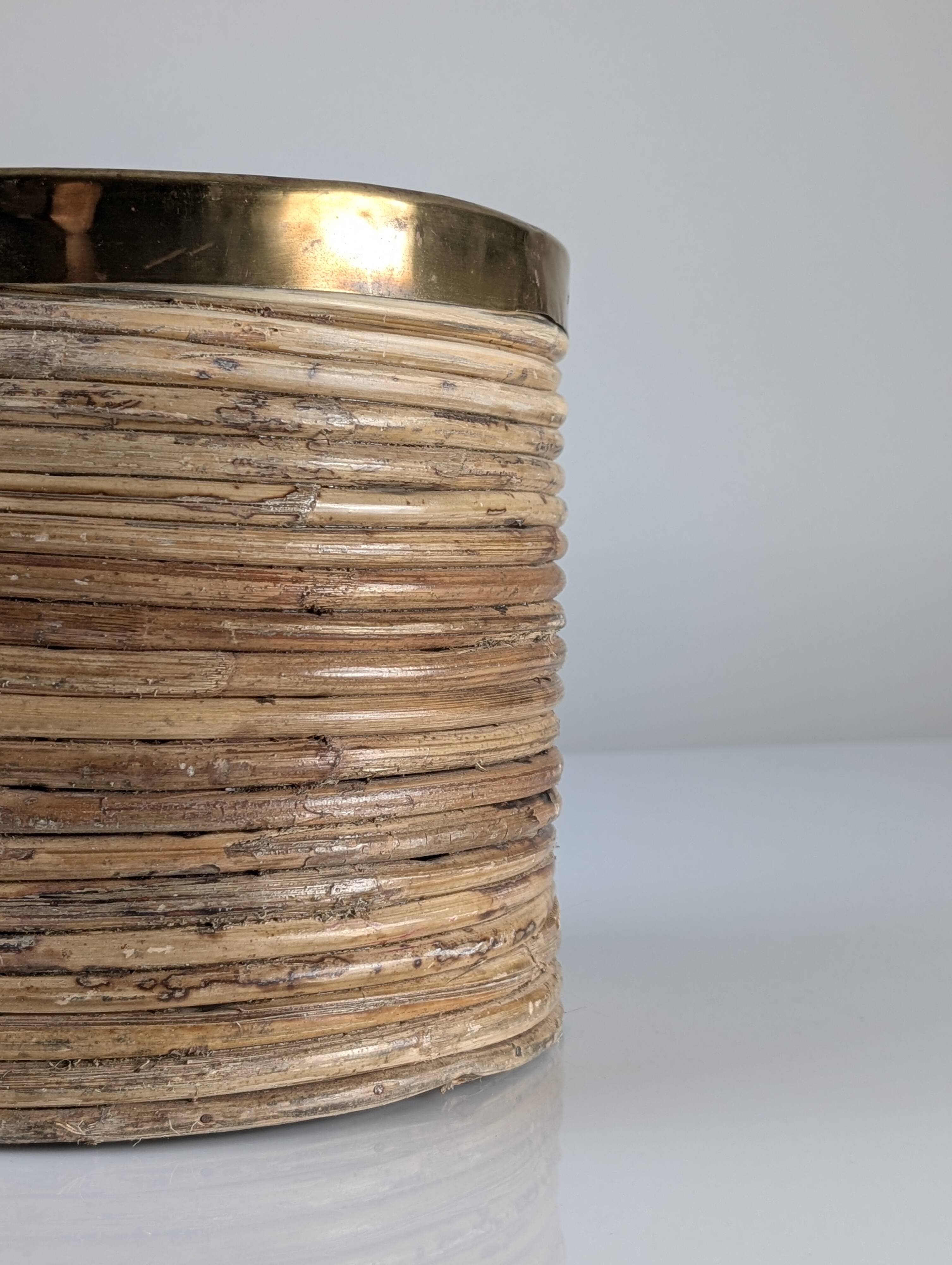Italian Mid-Century Pencil Reed Rattan and Brass Planter, 1970s