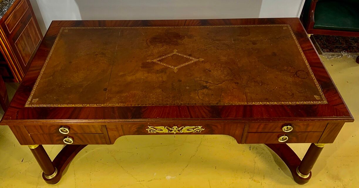 Empire flat desk, mahogany, double-sided, gilded bronzes