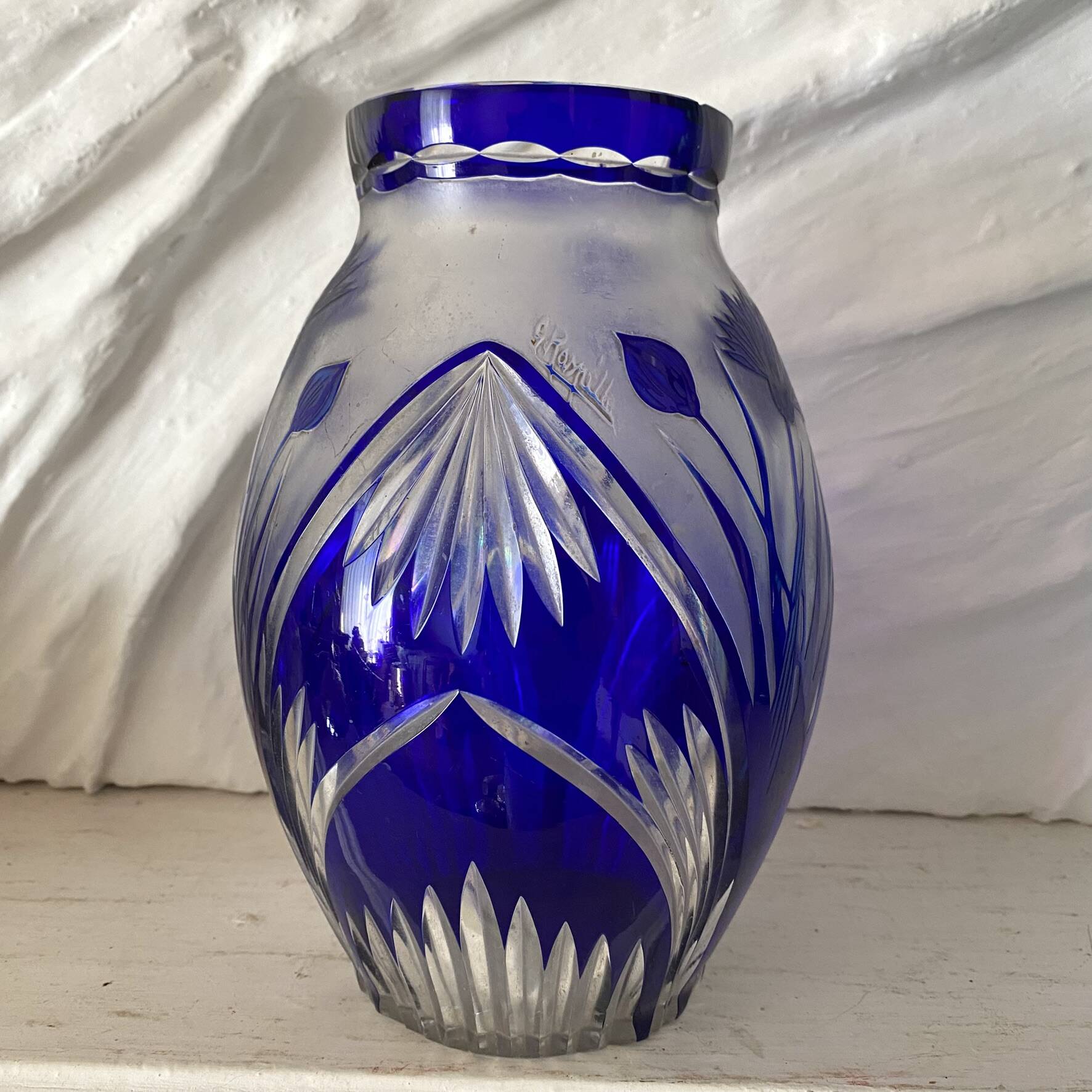 Cobalt blue double crystal vase signed G. Raspiller