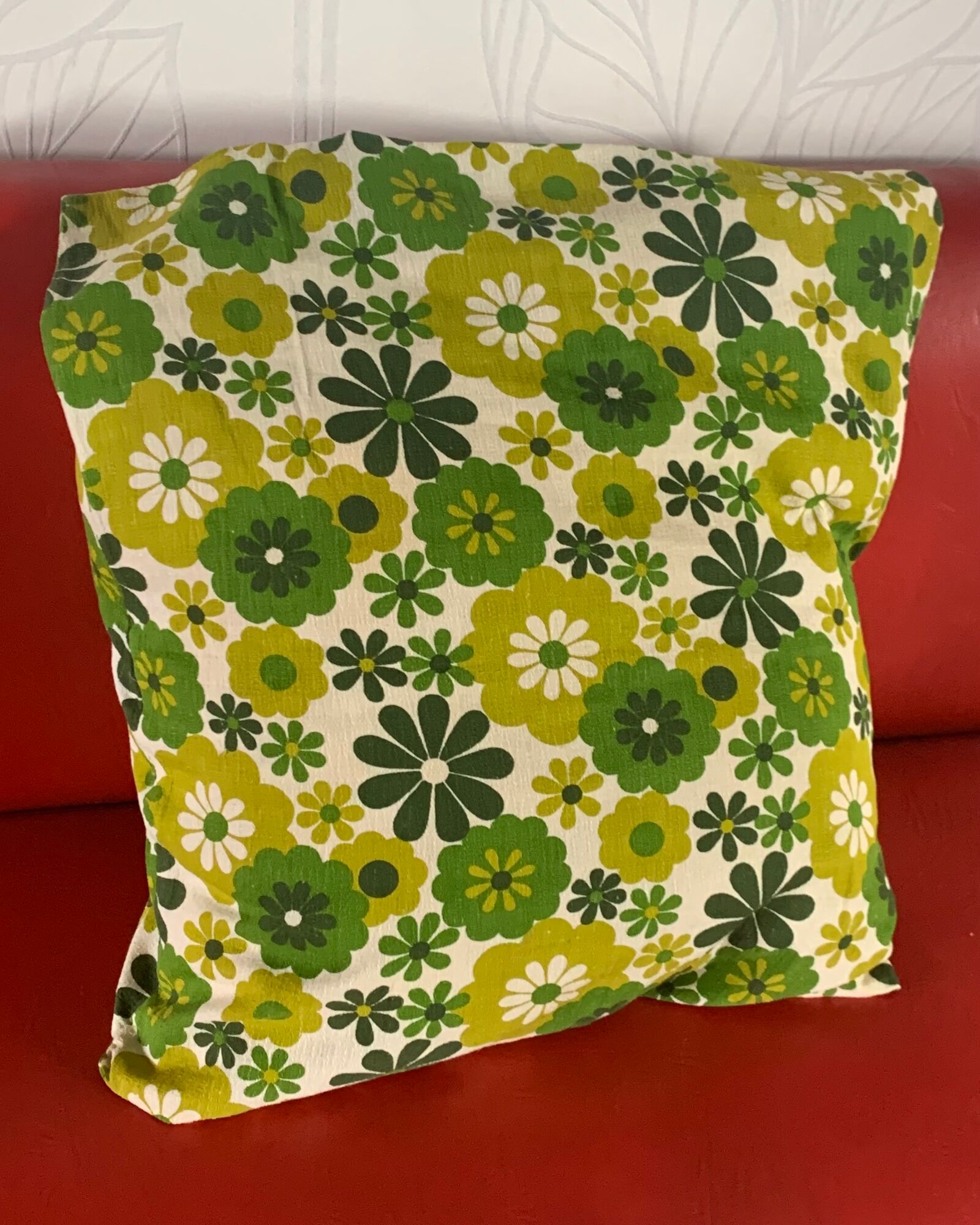 Cushion cover, green lotus flowers, vintage 1970