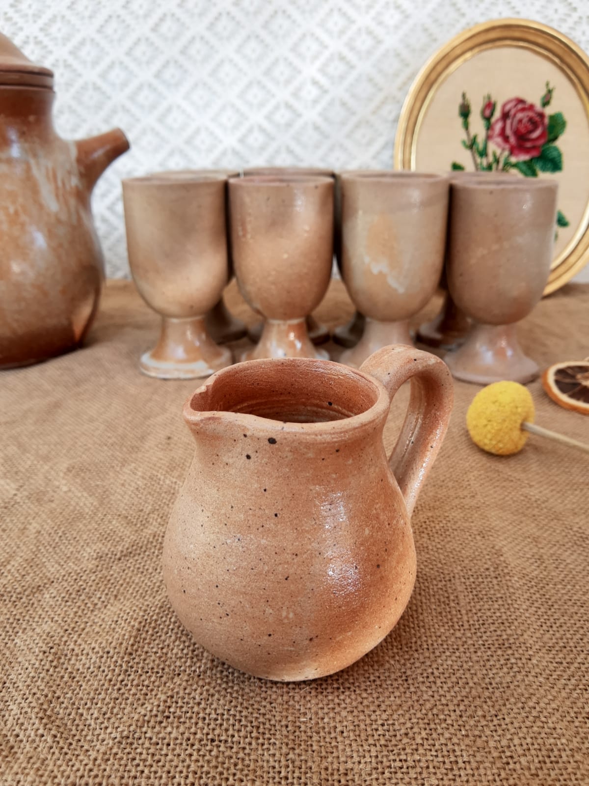 Vintage stoneware 8 mazagrans teapot and milk jug set
