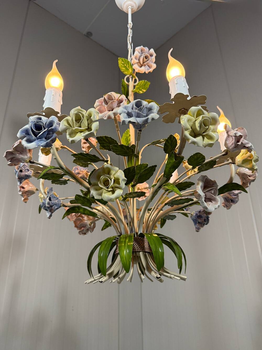 Italian tole chandelier porcelain flowers 1950’s