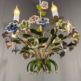 Italian tole chandelier porcelain flowers 1950’s