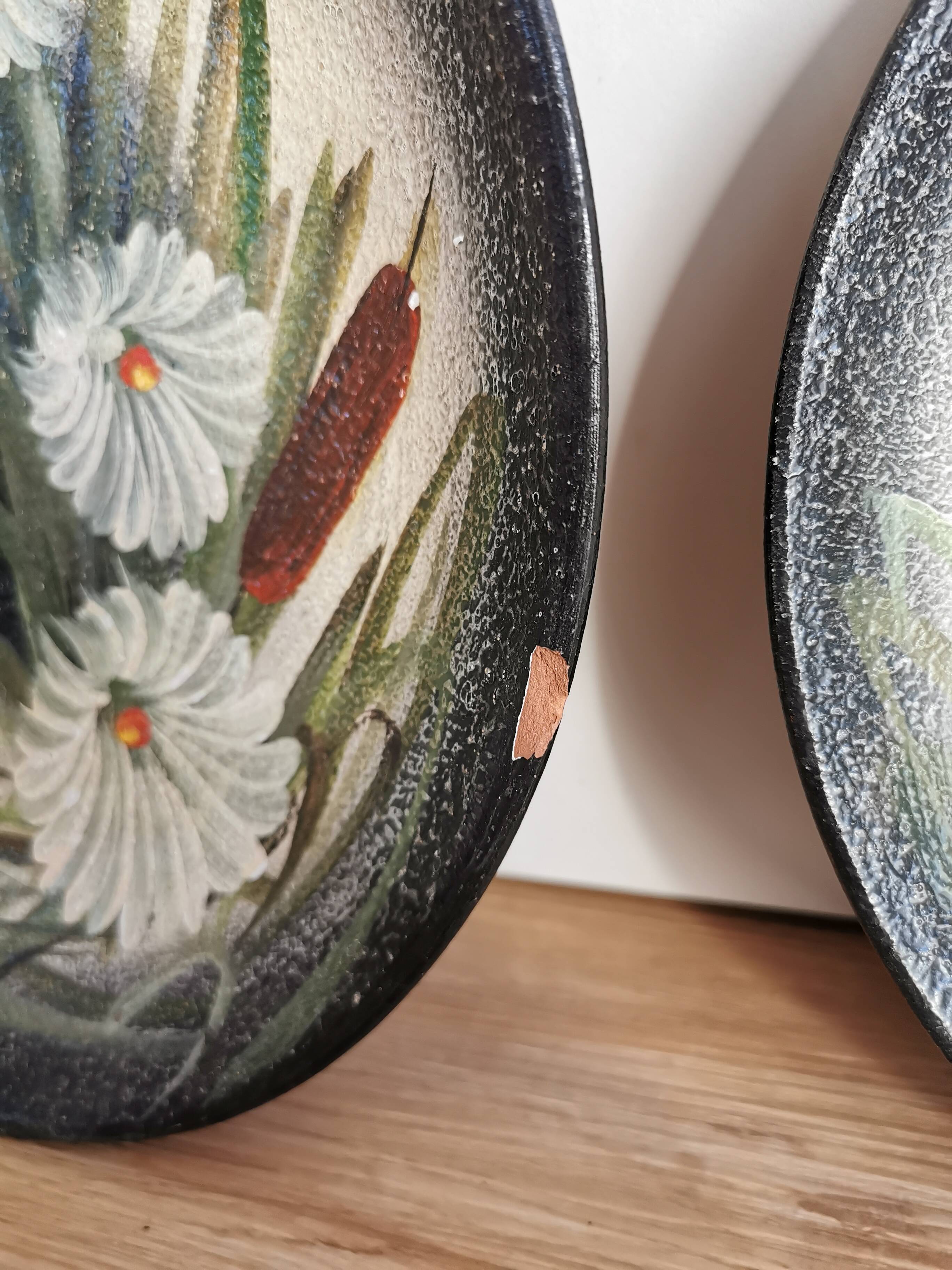 Vintage Hand-Painted Clay Plates: 1970s Yugoslavian Floral Wall Decor