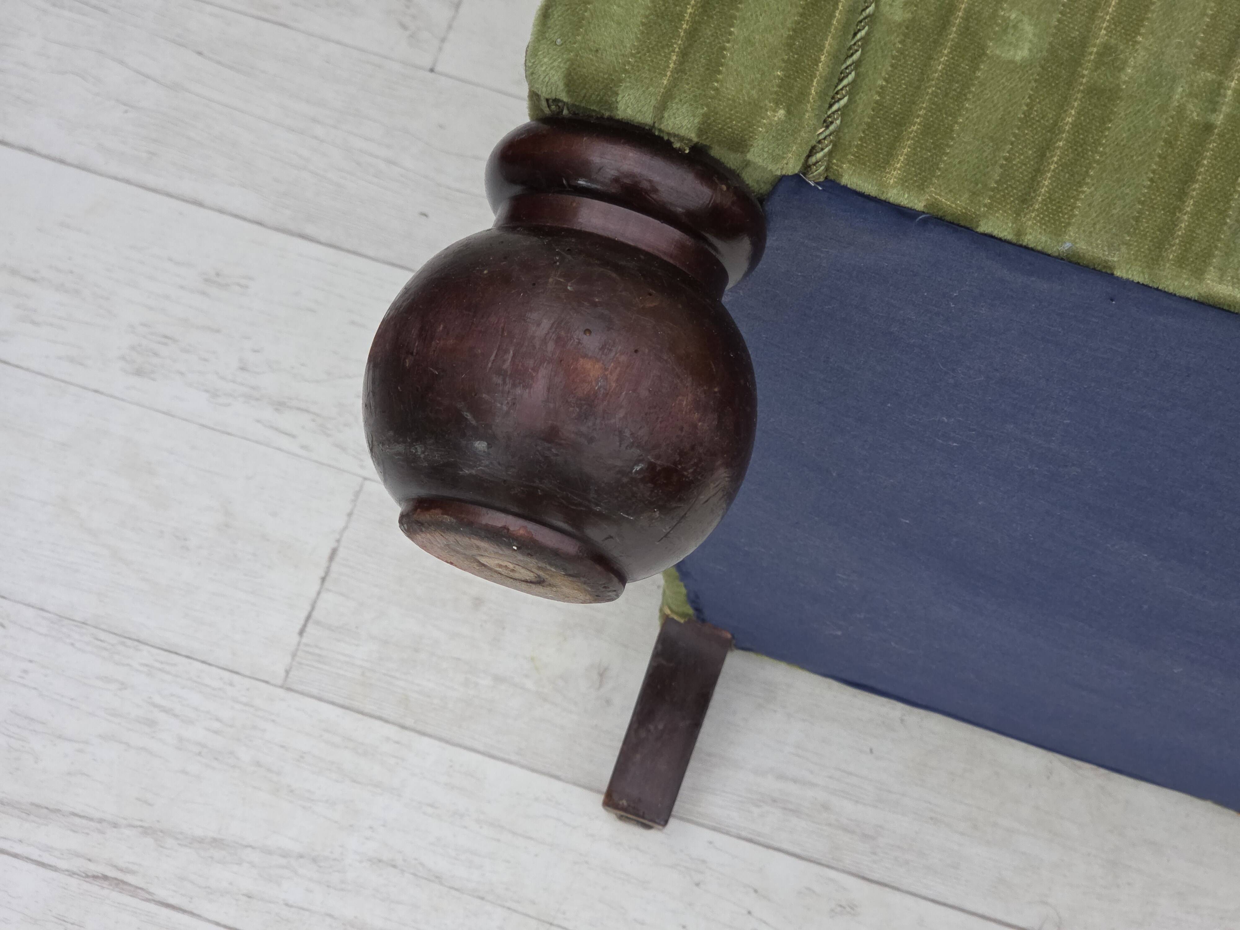 1950s, Danish relax armchair, green furniture velour fabric, ash wood legs.
