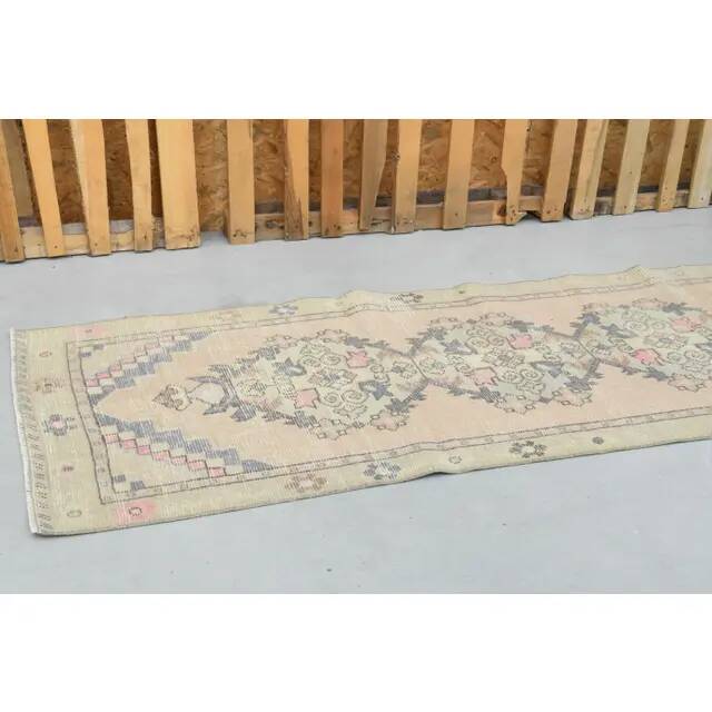 1970s vintage Turkish hand-knotted wool cotton pink runner rug 85x273