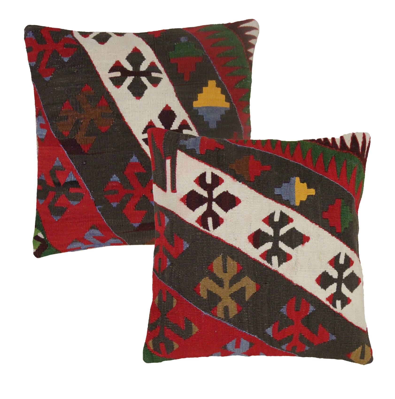 A Pair of Antique Turkish Flatwoven Kilim Cushion Cover, Geometric Pillow