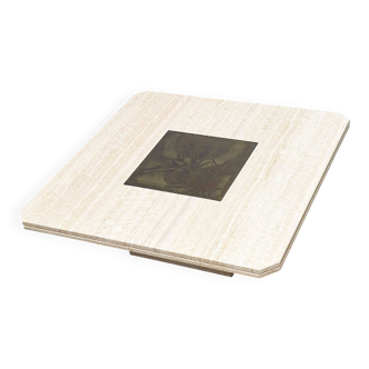 George Mathias square travertine and brass coffee table