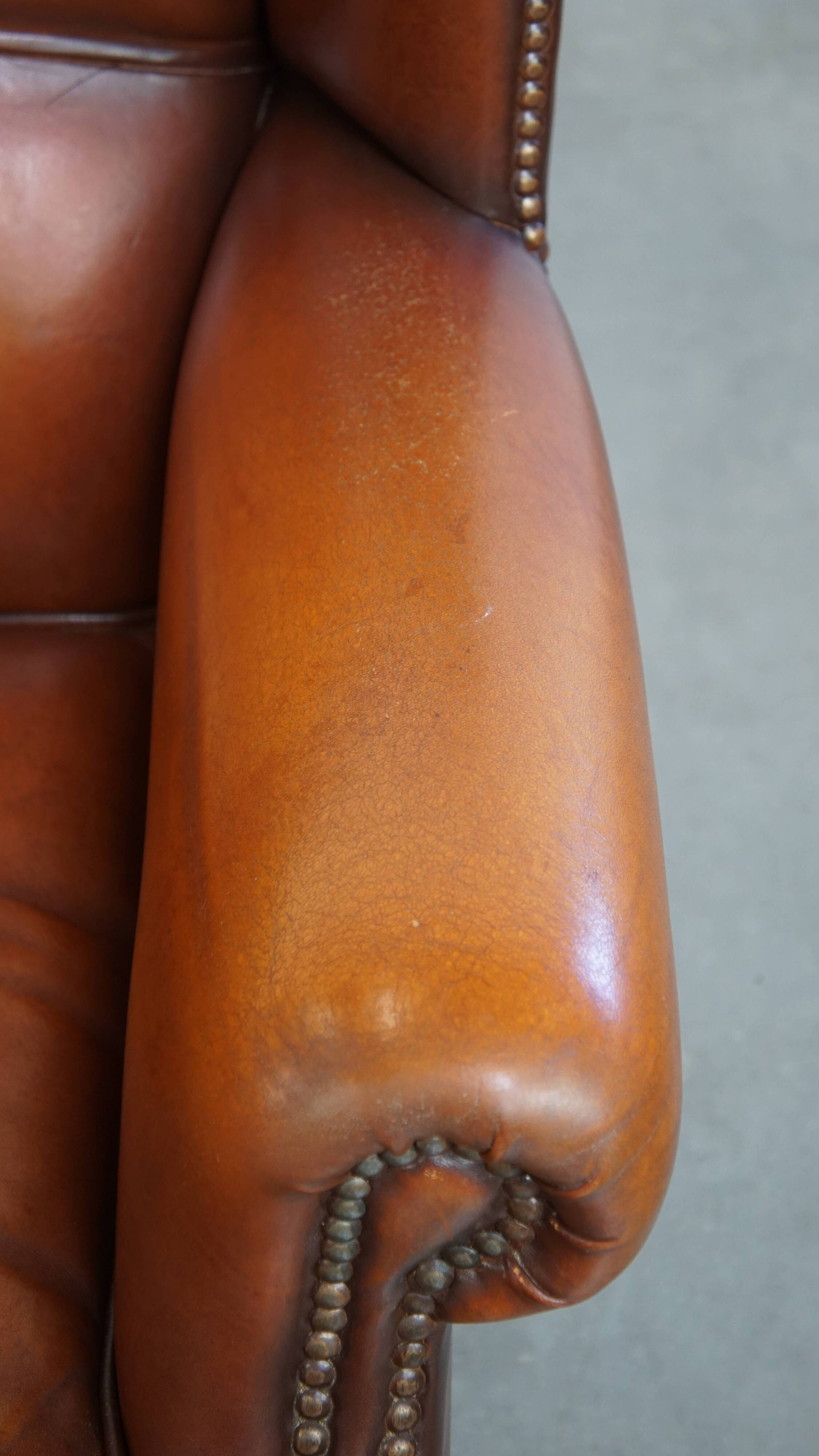 Set of 2 English style sheepskin leather wingback armchairs