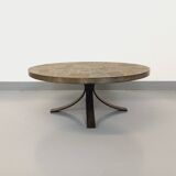 Vintage brutalist round coffee table in metal and slate from the 70s