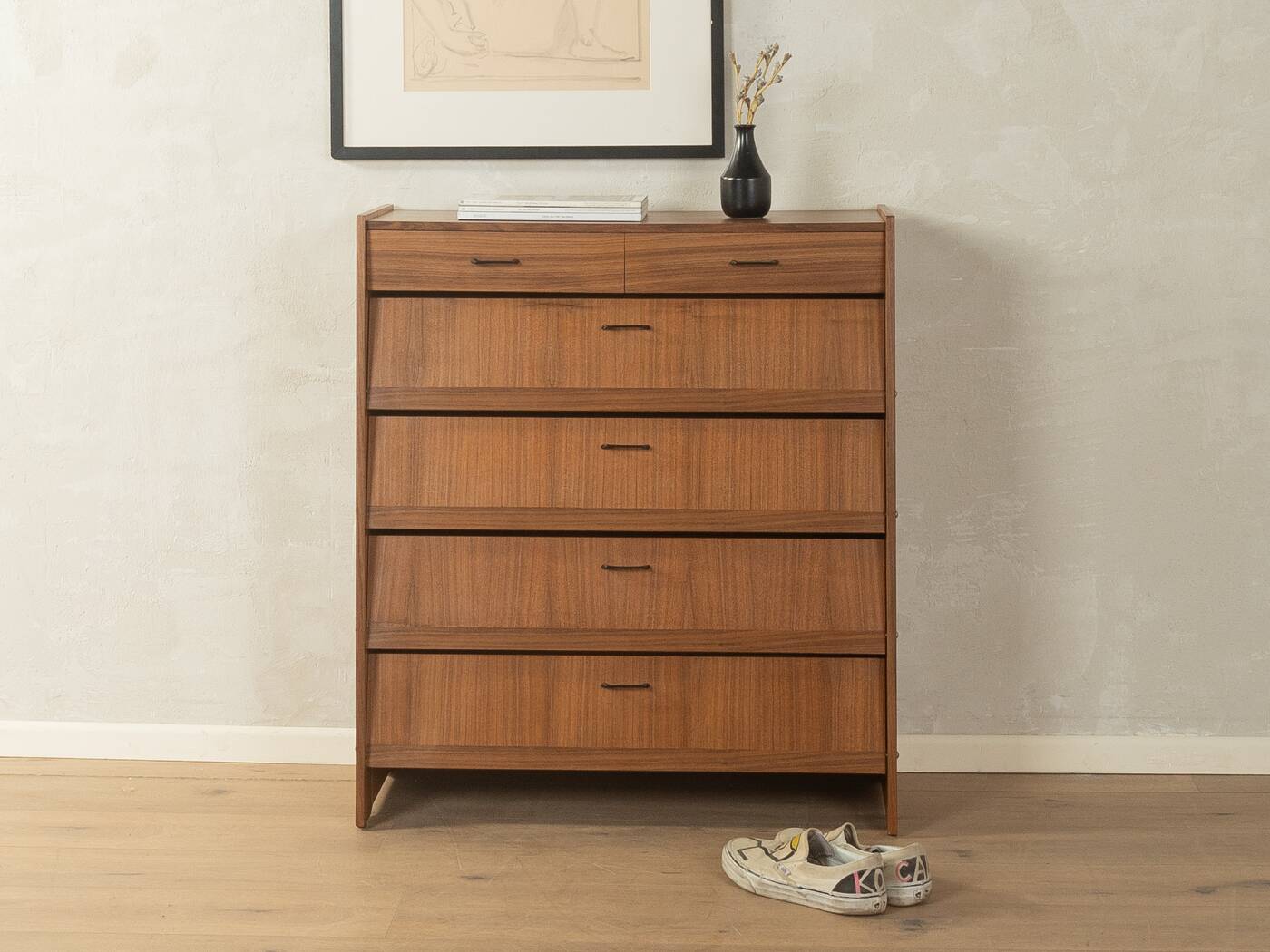 Classic shoe cabinet from the 1960s, walnut veneer, four drop-down doors, two drawers