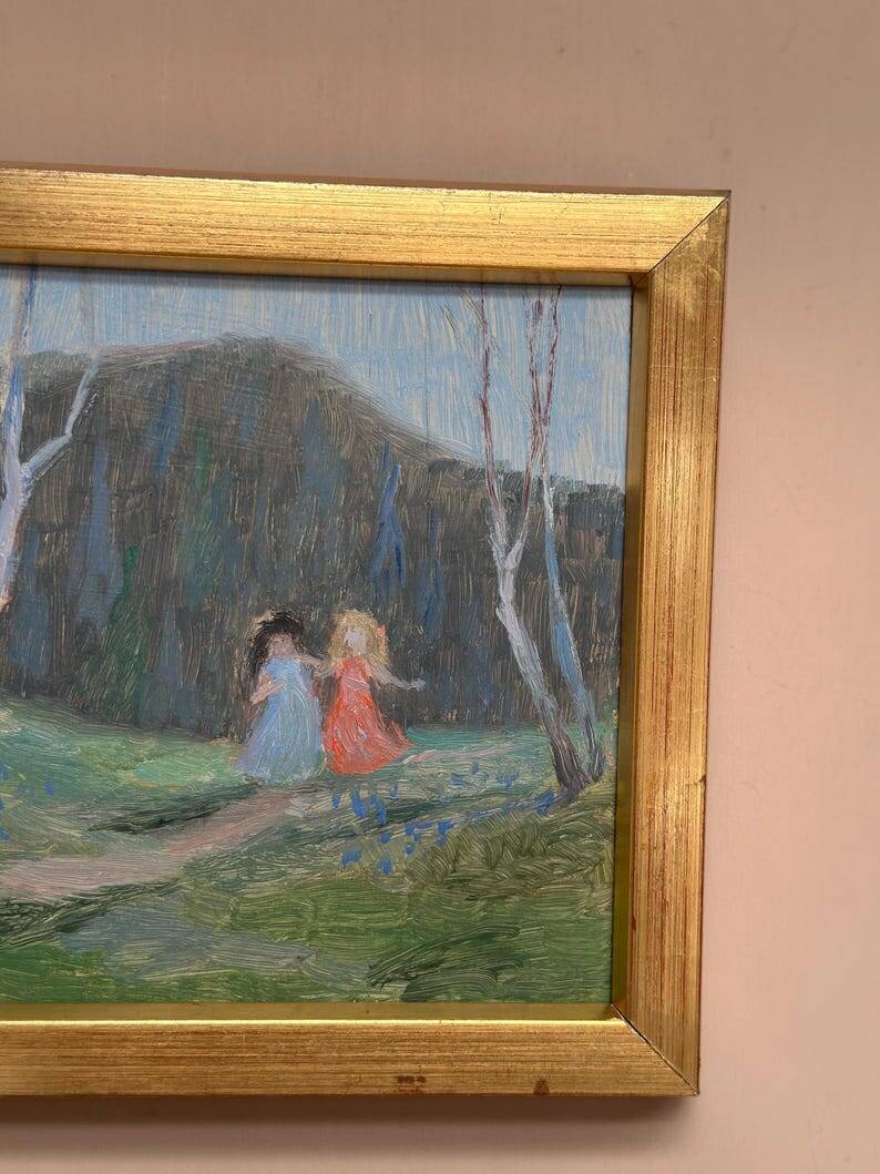 Mid-Century Swedish Oil panel “Sisters” by Gösta Geerd, Vintage & Framed 28×25cm