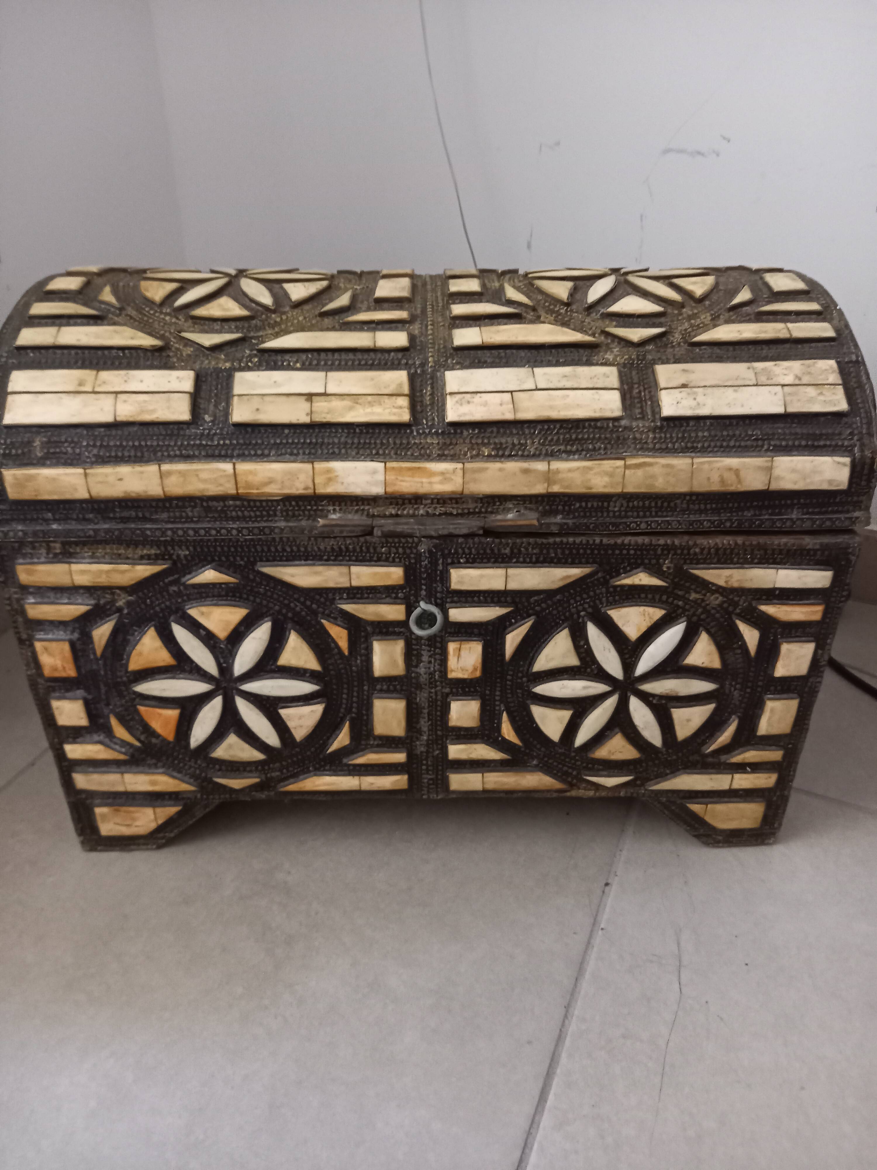 Handcrafted chest made of brass and camel bone.