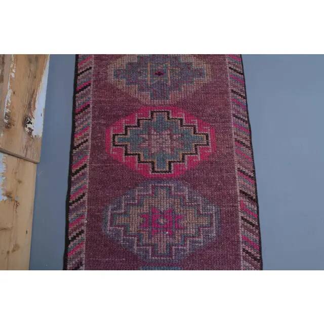 1960s Purple Pink Natural Turkish Hand-Knotted Runner Rug 81x327