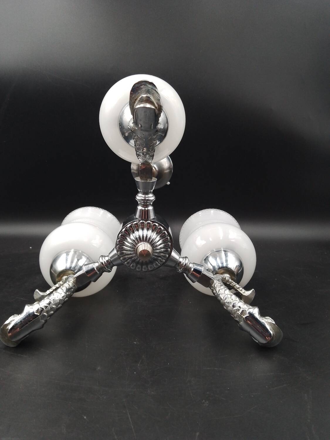 Vintage lamp 70/80 chrome dolphin fish chandelier and 3 opaline arms