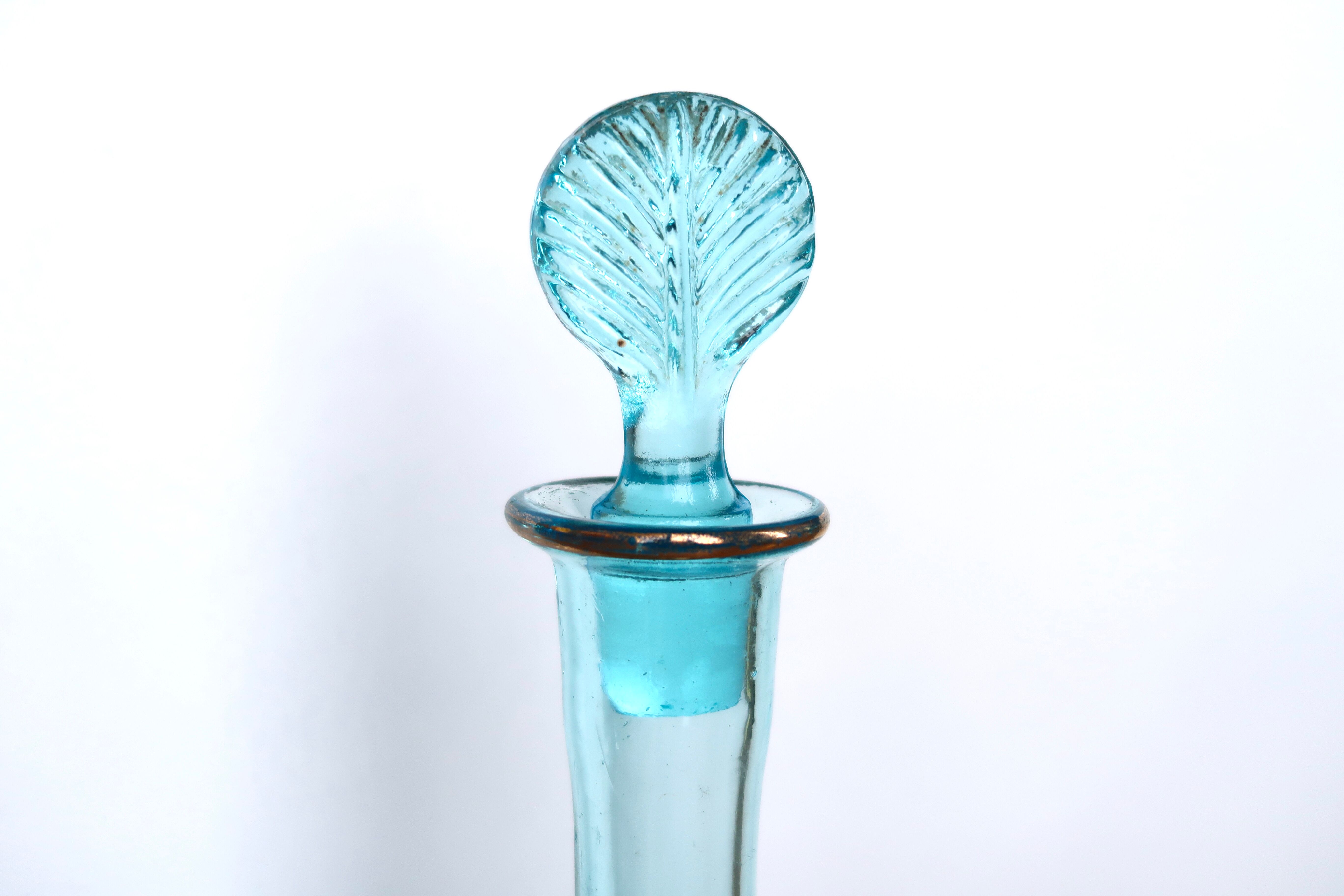 Turquoise blue glass decanter, golden décor, 5O years