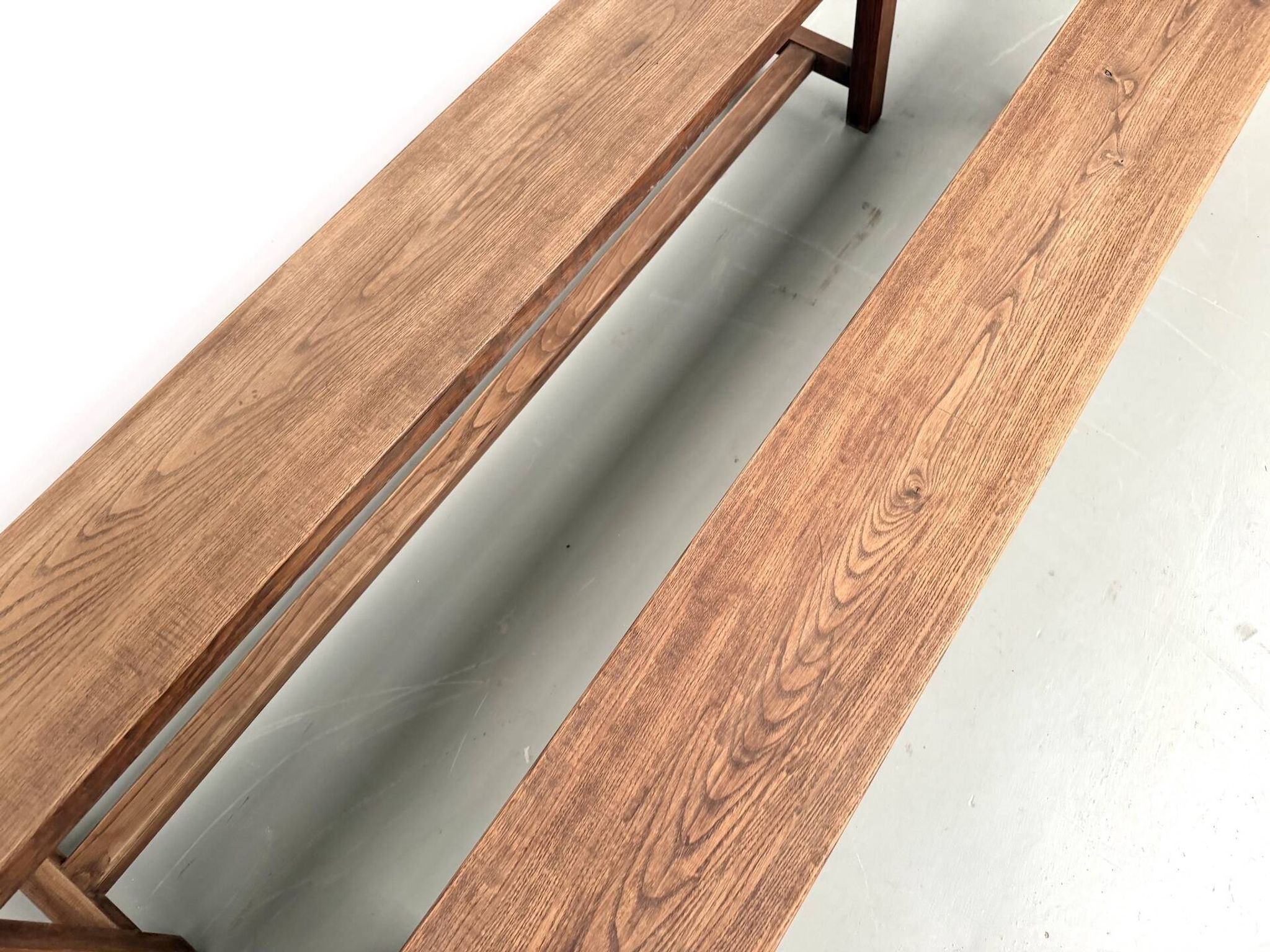 Pair of XL size benches in solid oak, 1950s.